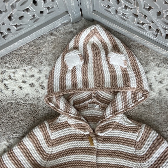 Max Studio button up bear hoodie sweater girls 2-5T neutral stripes gorpcore - Picture 3 of 9